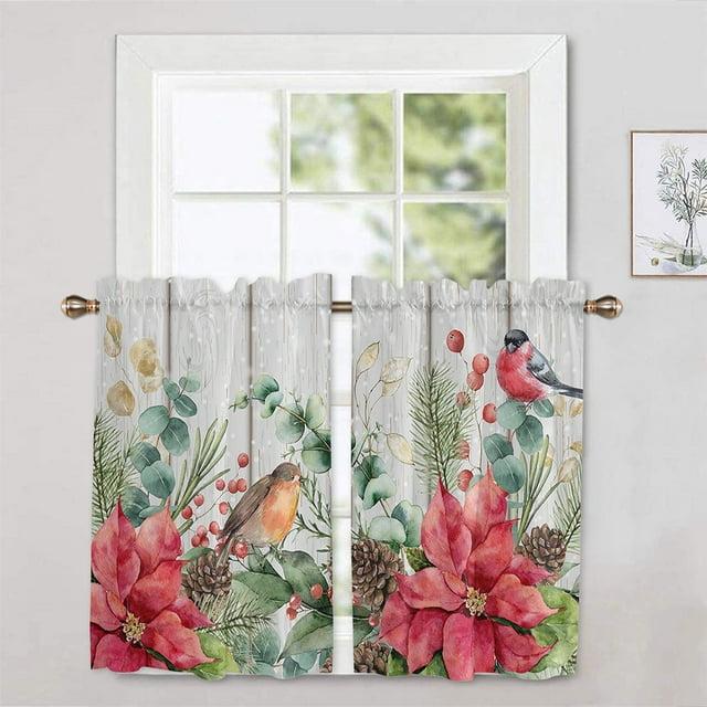 Innerwin Rideaux de Cuisine de Noël Poche de Tringle Panneaux Courts 1/2 Pcs Demi-Rideau Occultant Imprimé Floral de Luxe Imprimé Bonhomme de Neige 2 Pcs-Tier Rideau : L:52 Pieds'x H:54 Pieds'