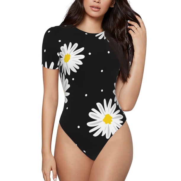Fotbe Daisies Flowers Body de Mujer con Cuello Redondo y Mangas Cortas, Sin Mangas Ajustado, Suave, Cómodo y Básico-Small
