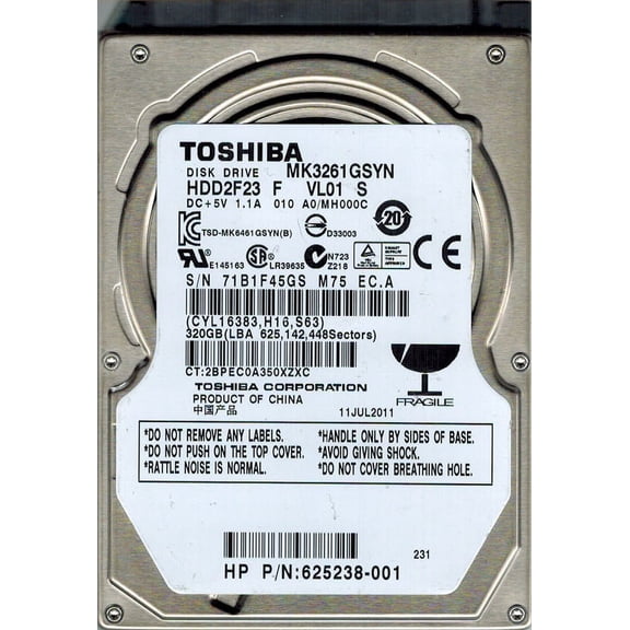 Toshiba MK3261GSYN HDD2F23 F VL01 S F/W: A0/MH000C CHINA 320GB