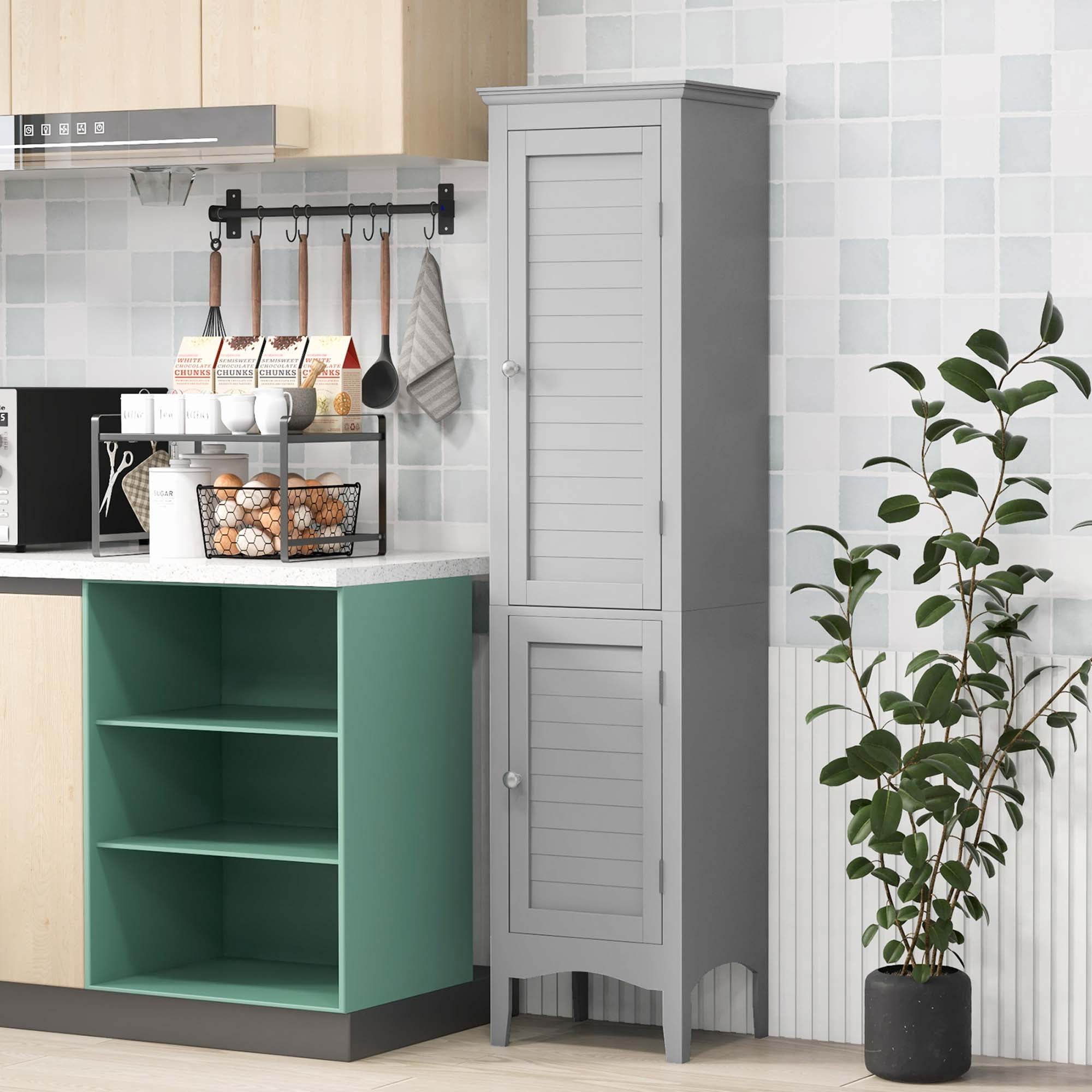 Costway Tall Bathroom Floor Cabinet Narrow Linen Tower with 2 Doors & Adjustable Shelf Grey