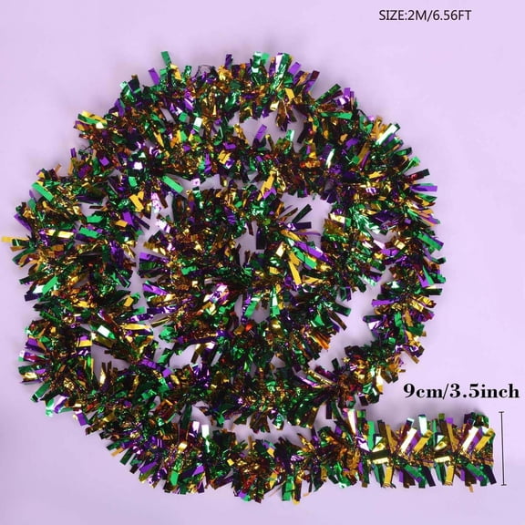 CuiLiyq 6.56 Ft Mardi Gras Tinsel Garland, Purple Green Gold Glitter Tinsel Twist Hanging Garland for Carnival Party Indoor Outdoor Home Porch Room Mardi Gras Decorations (B)