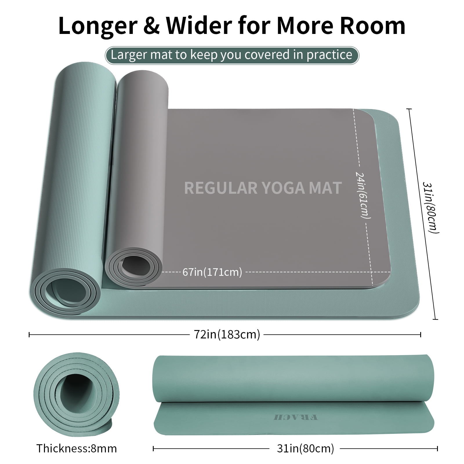 Frach Yoga Mat Extra Wide 31.5",0.3" Thick with Strap,Eco-friendly Anti-Slip Workout Mat for Outdoor and Home,Travel and Gym(Green)