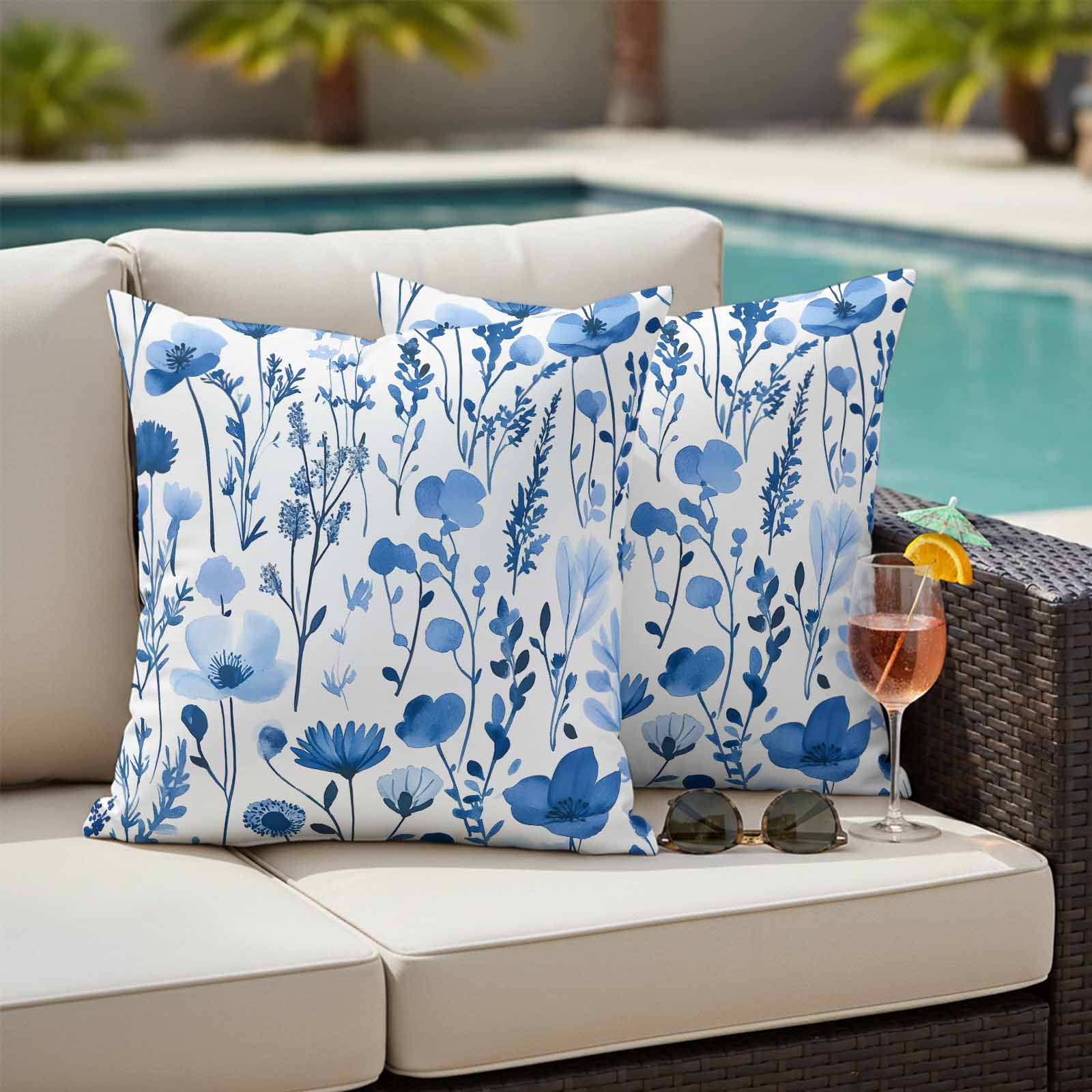 Spring Watercolor Pillow Covers 2 Pack Blue Flower Leaves Floral Pillowcase Waterproof Outdoor Throw Pillow Cover for Patio Garden Square Cushion 20”x20”