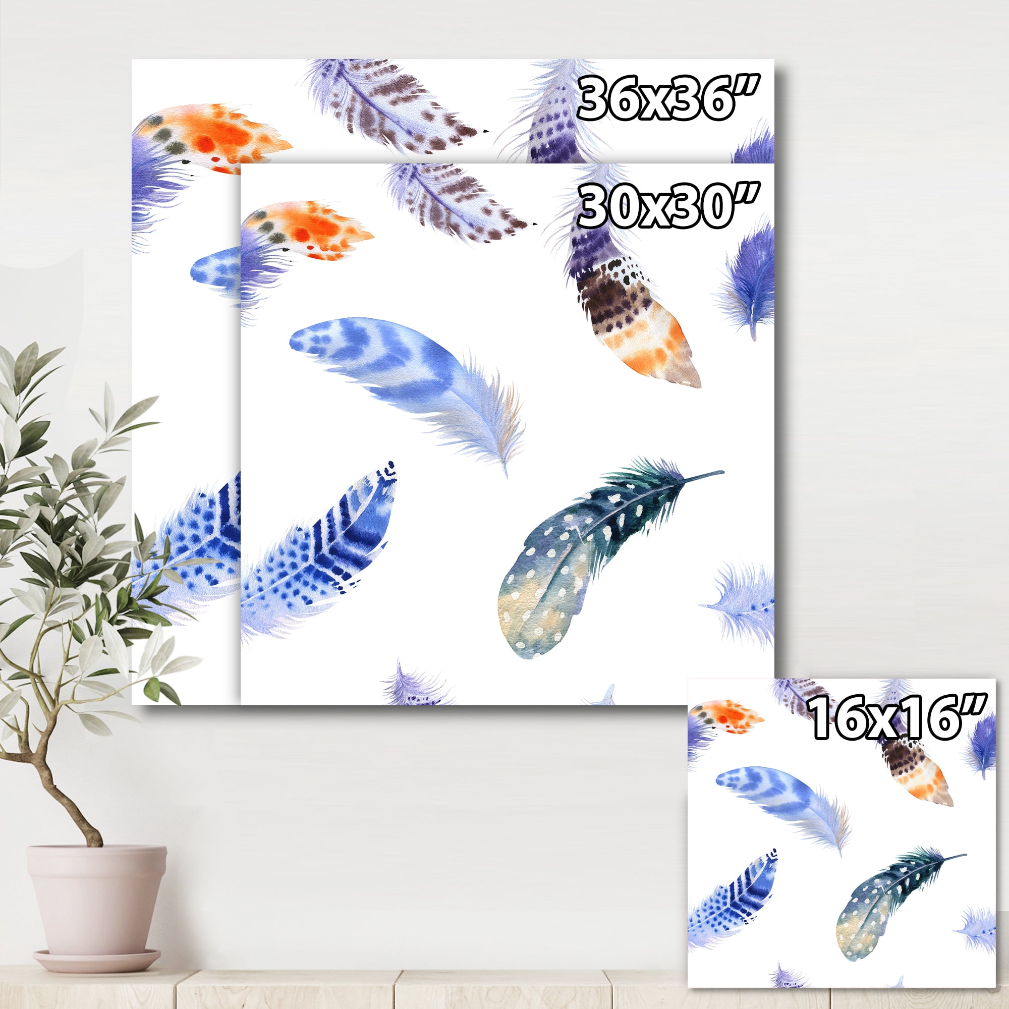 Designart ' Colourful Boho Feather Set On White VII ' Bohemian & Eclectic Canvas Wall Art Print
