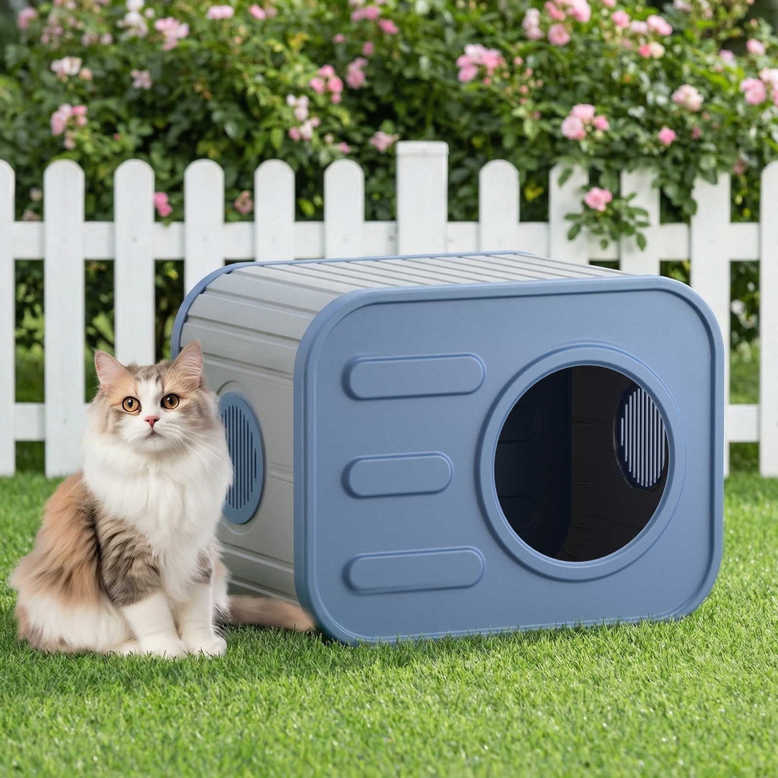 Dovov Cat House, Weatherproof Cat Shelter Camera-Shaped Cat Cage for Indoor & Outdoor Cats, Dual Ventilation Windows Cattery, Blue Gray