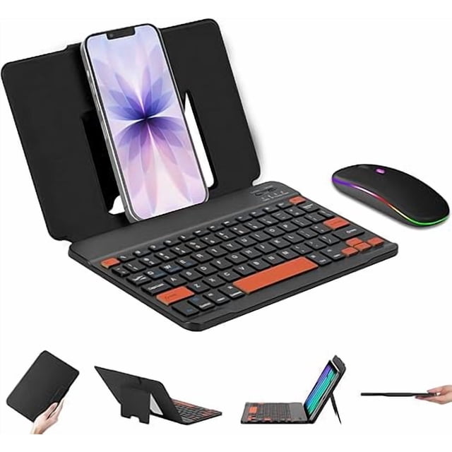 Teclado y Mouse Bluetooth Negro Plegable para Tablet Teléfono Laptop