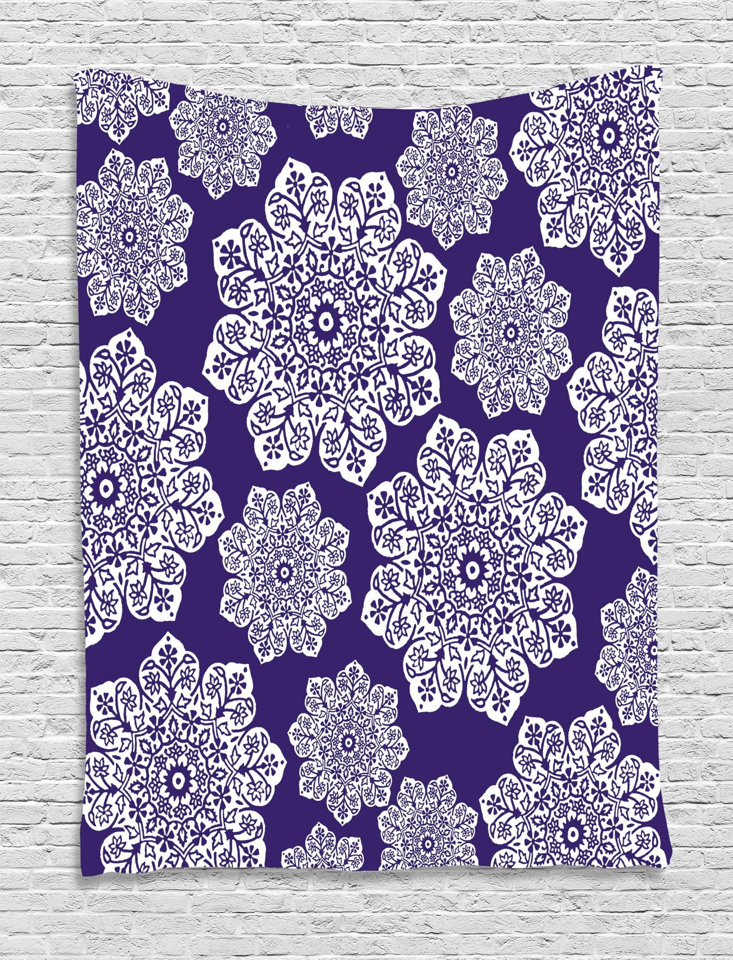 navy-blue-tapestry-floral-lace-graphic-print-snowflake-themed-pattern