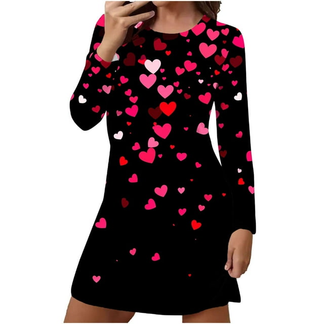 fheaev Chemises de Nuit pour Femmes Grande Taille Imprimé Saint-Valentin Coupe Ample Pyjama Confortable Manches Longues Col Rond Chemise de Nuit Courte