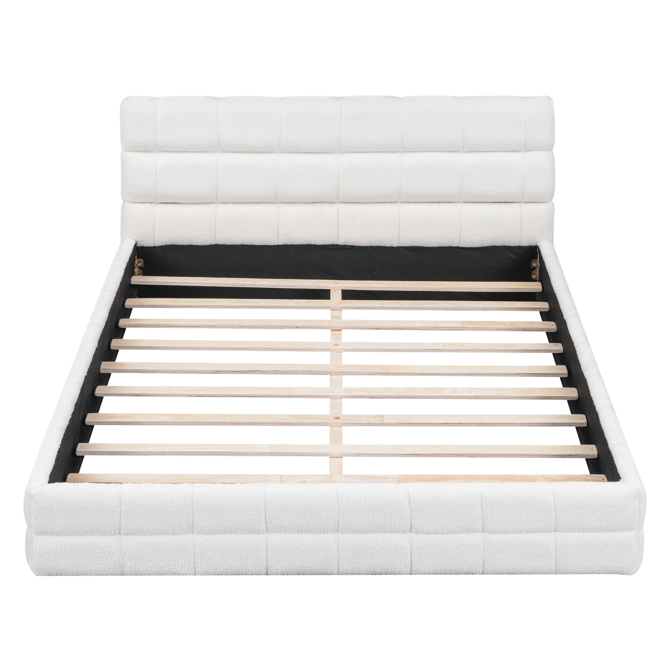Noble House Queen Upholstered Platform Bed, Modern Velvet Headboard with Wood Slats Support, Bedroom Bed Frame, White