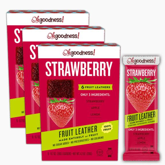 Oh Goodness! Fruit Leather Strawberry 3 Pack= 18 Count. No Sugar Added, No Preservatives, No Coloring, All Natural
