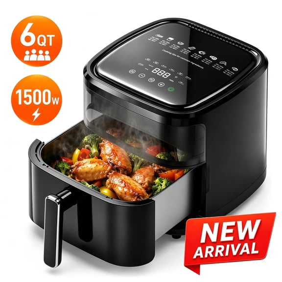 FRESHDEW 6 Qt Air Fryer, 8-in-1 Presets Electric Hot Oven with 24H Delay Start, Touchscreen and Visible Window, 1500W