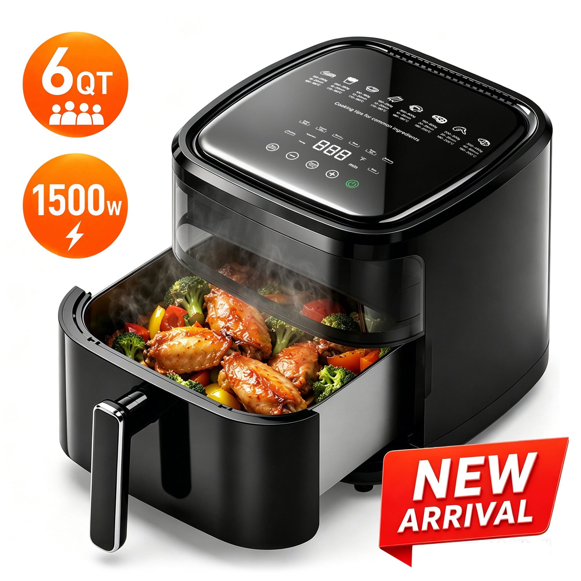 FRESHDEW 6 Qt Air Fryer, 8-in-1 Presets Electric Hot Oven with 24H Delay Start, Touchscreen and Visible Window, 1500W