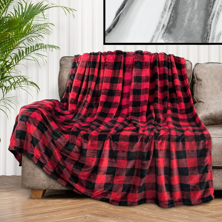 Buffalo Plaid Throw Blanket for Sofa Couch Soft Flannel Fleece Red Black Checker Plaid Pattern Decorative Throw Warm Cozy Lightweight Microfiber