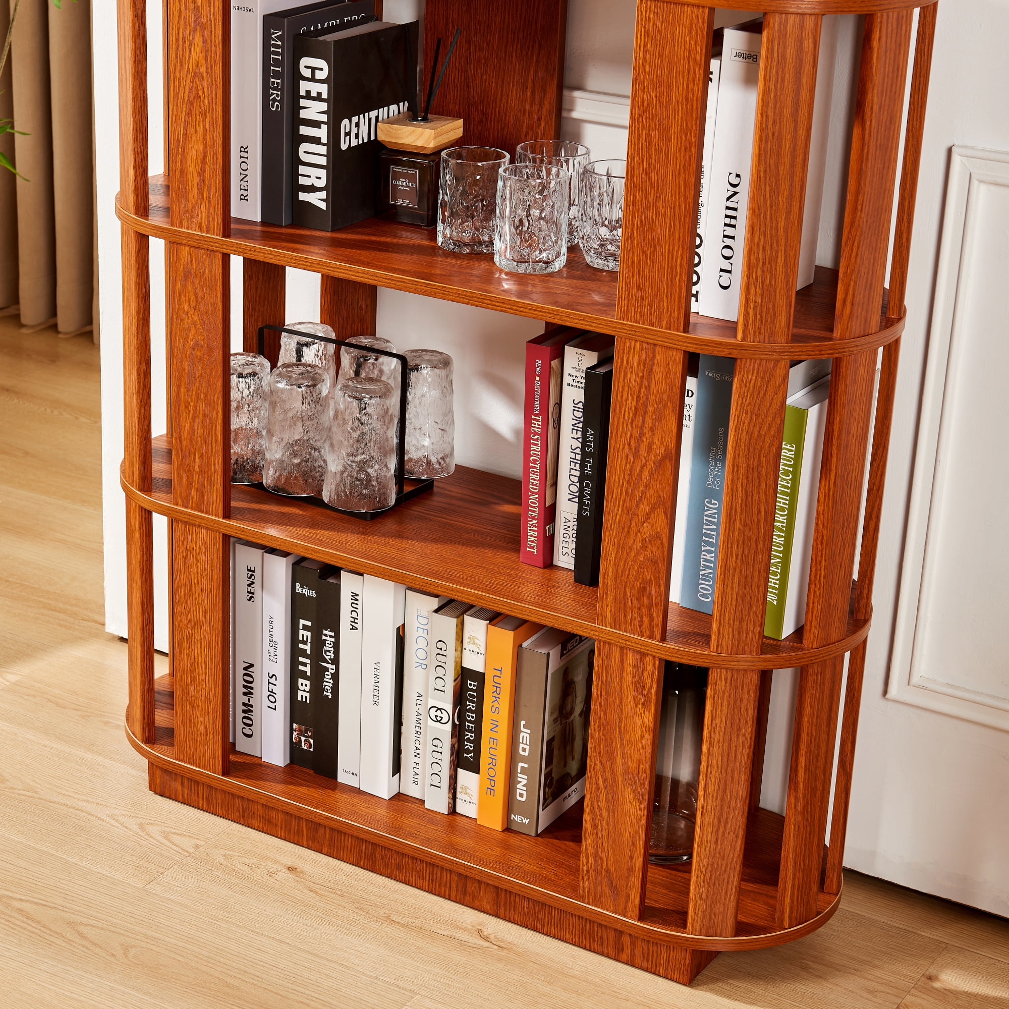 Leumius Wooden Oval Open Bookshelf, 5-Tier Freestanding Bookcases,Easy Assembly DIY Free Combination Storage Cabinet Storage Display Rack for Living Room Home Office Decor,Dark Oak