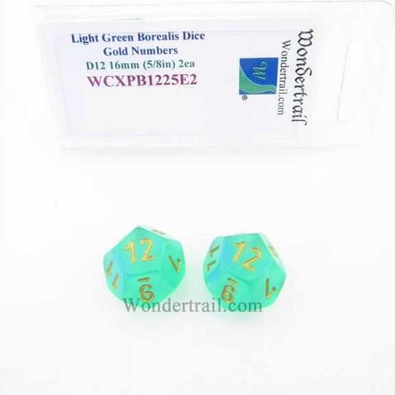 Light Green Borealis Dice with Gold Numbers D12 Aprox 16mm (5/8in) Pack of 2 Wondertrail