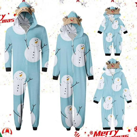 Lovskoo 2024 Family Christmas Pajamas Matching Sets Onesie Trendy Lattice Print Plush Long Sleeved Jumpsuit Family Parent-Child Wear Mom Sky Blue