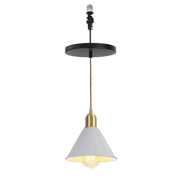KAYYELAMP White Metal Cone Shade Hanging Light E26 Brass Base Adjustable Height Droplight Retro Design Pendant Light for Bedroom Kitchen Island Sink Stairs