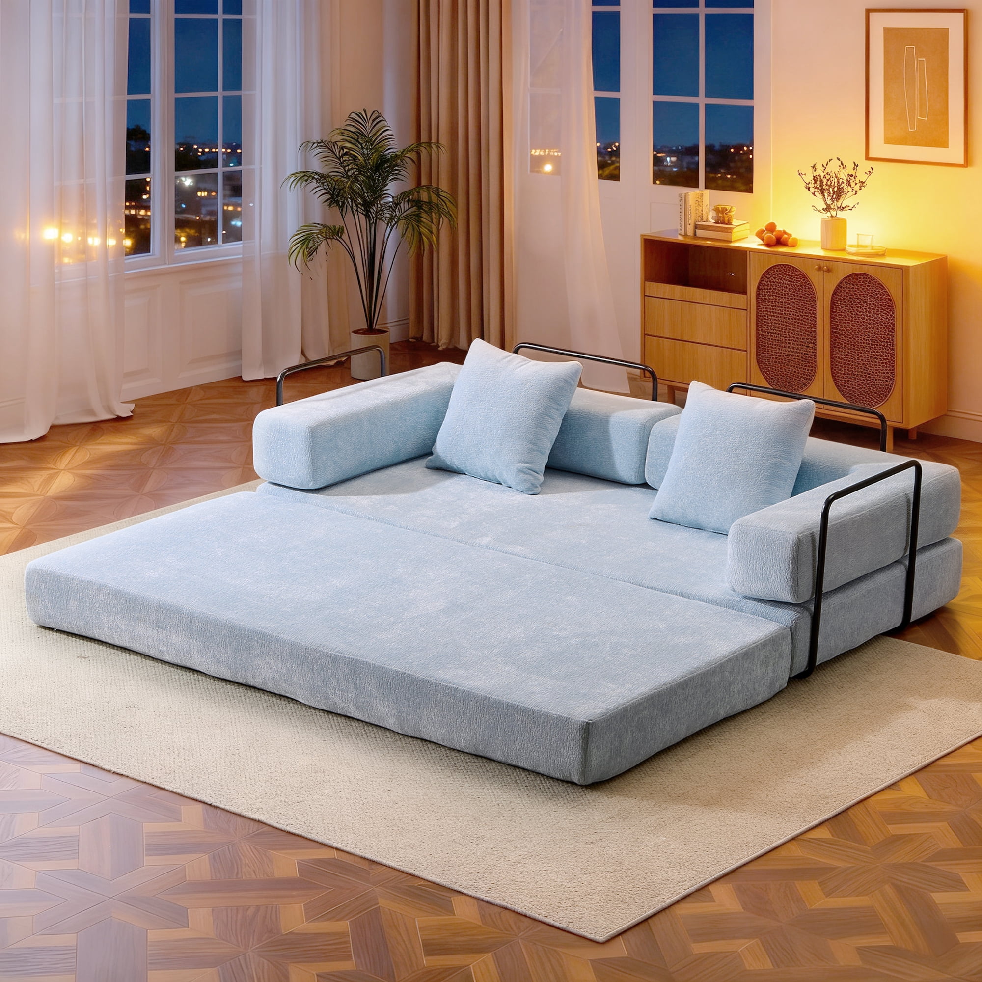Timbernest 76.8" Folding Sofa Bed, King Size Convertible Sleeper Sofa with 2 Pillows, Chenille Floor Sofa for Living Room, Small Spaces, Baby Blue