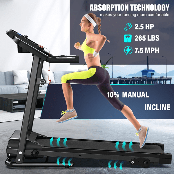 Ambifirner 2.5HP Folding Treadmill - 7.5 MPH, 3-Level Incline, 400lb Capacity, Shock Absorb for Home Gym