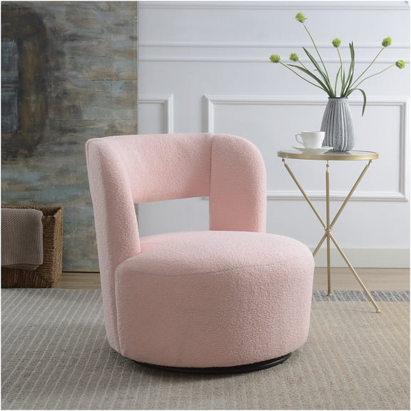 JERFIT Modern Swivel Accent Chair with Plush Teddy Fabric, Comfy Round Barrel Chair for Living Room, Bedroom, Office in Light Pink