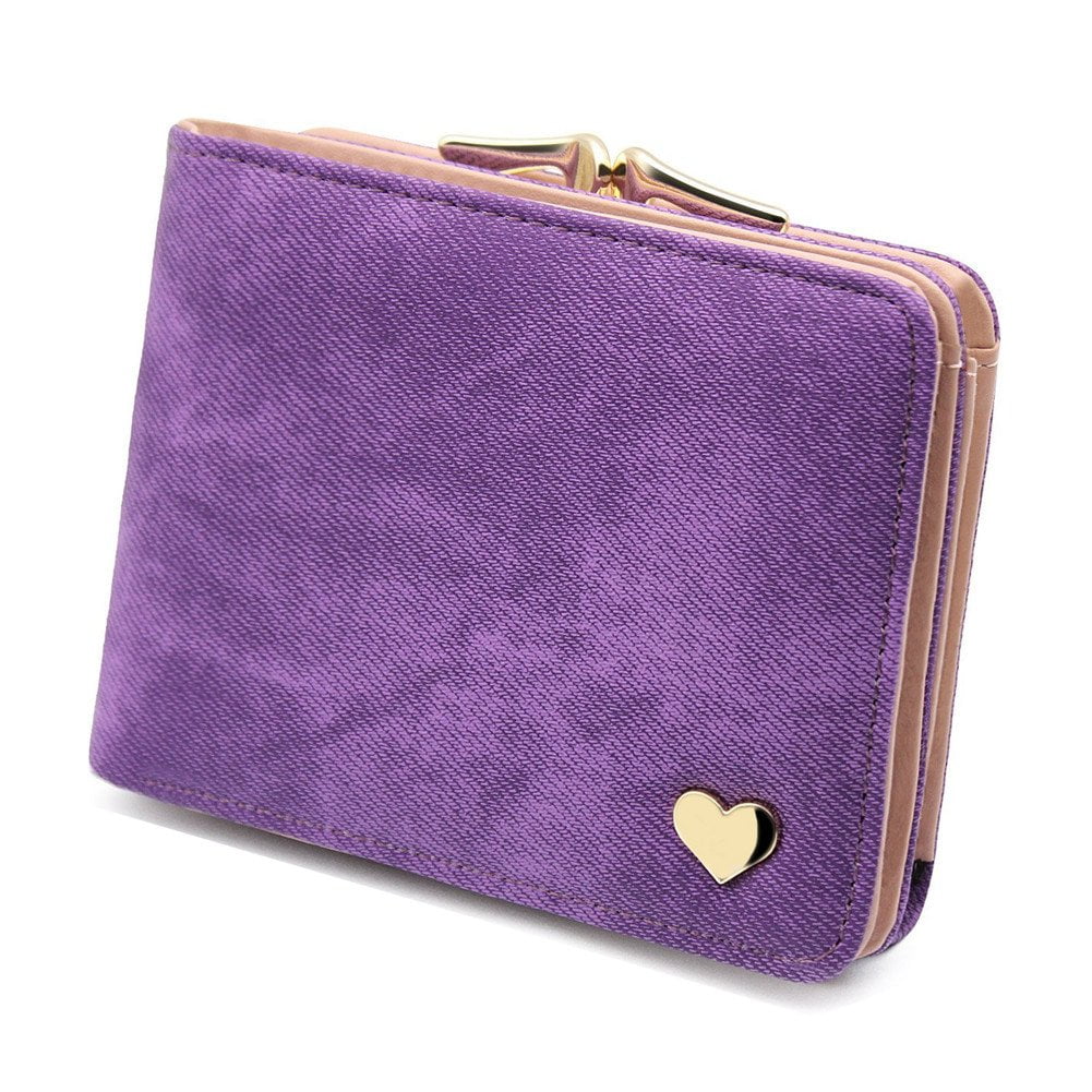 Ladies Small Heart Decoration Purse Wallet Short Small Purse Large Capacity Wallets Purple