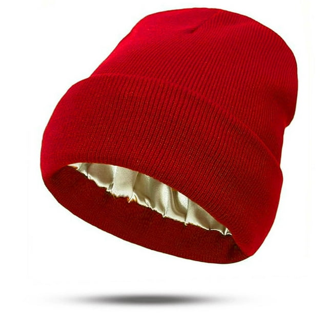 Sombrero Gorro de acrílico tejido con forro de satén para mujer, protector de peinados, cálido, elástico, unisex, para invierno, 1 unidad, rojo brillante Rkxzt