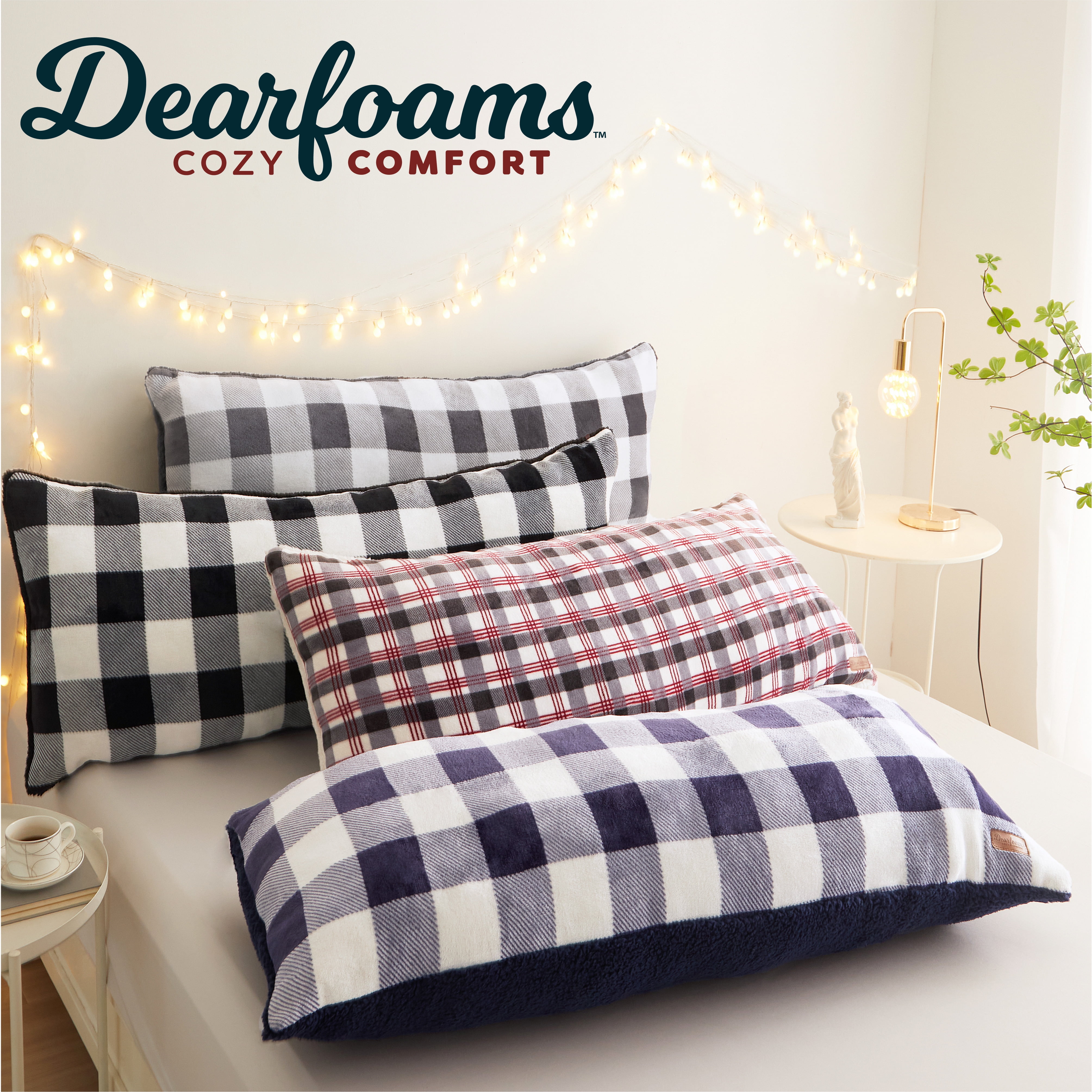 Dearfoams Royal Plush Reverse to Super Soft Sherpa Body Pillow, 20" x 48", Black White Check, Polyester Fill