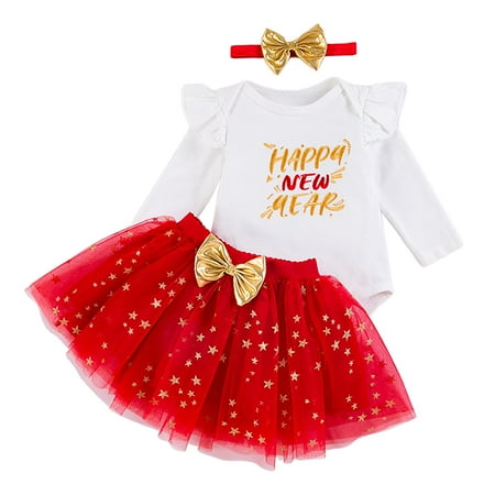 

Baby Girl Clothes Set Long Sleeve New Year Letter Prints Tops Romper And Skirts 3Pcs Outfits Clothes Set For Children Clothes Baby Girl Halloween Outfit 0-3 Months