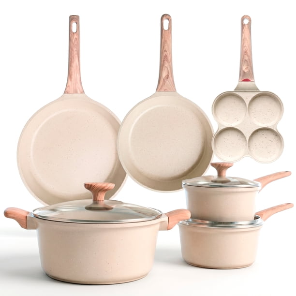 Nexus Chef Ignite Batería De Cocina 13 Piezas, Ollas Y Sartenes Antiadherentes, Con Mango Desmontable, Compatible Con Inducción, Horno y Gas, Recubrimiento de Granito, Libre de Plomo, Color Taupe