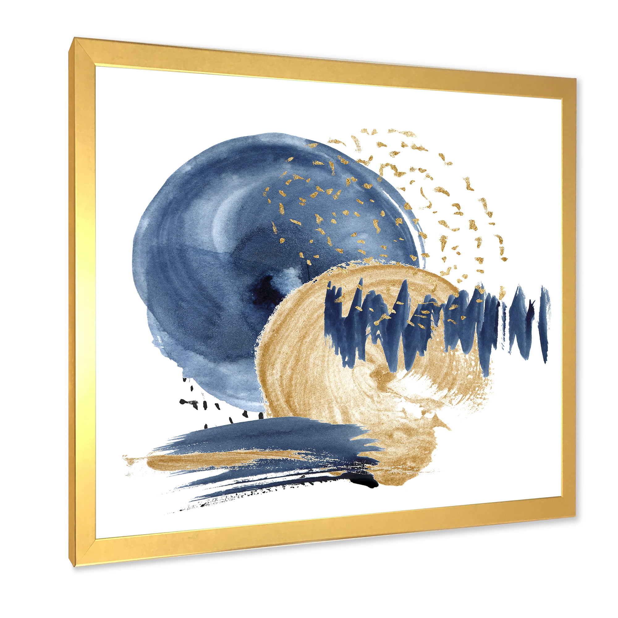 Designart 'Gold and Dark Blue Abstract Circle Ocean Texture' Modern Framed Art Print