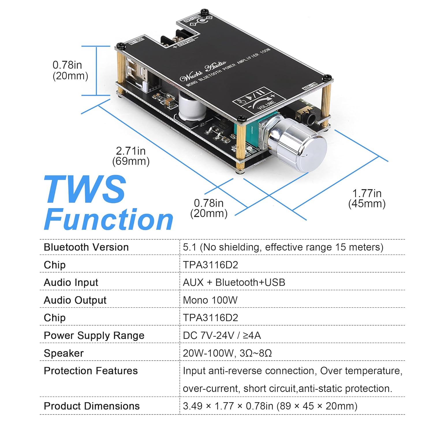 ZK-1001B Mono Amplifier Board with TWS, 100W Power Output, Vehicle Amplifier Wide Voltage Input 9-24V, Supports USB/AUX/Bluetooth, Black