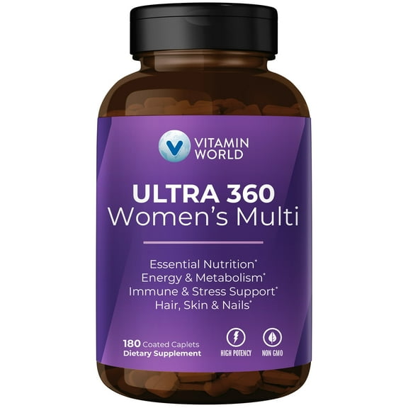 Vitamin World Ultra 360 Multivitamin for Women, Women's Multivitamin with Herbs & Collagen for Hair, Skin & Nails, Supplement with Iron, Vitamin A, B, C, D, E for Energy & Immune Support, 180 Caplets