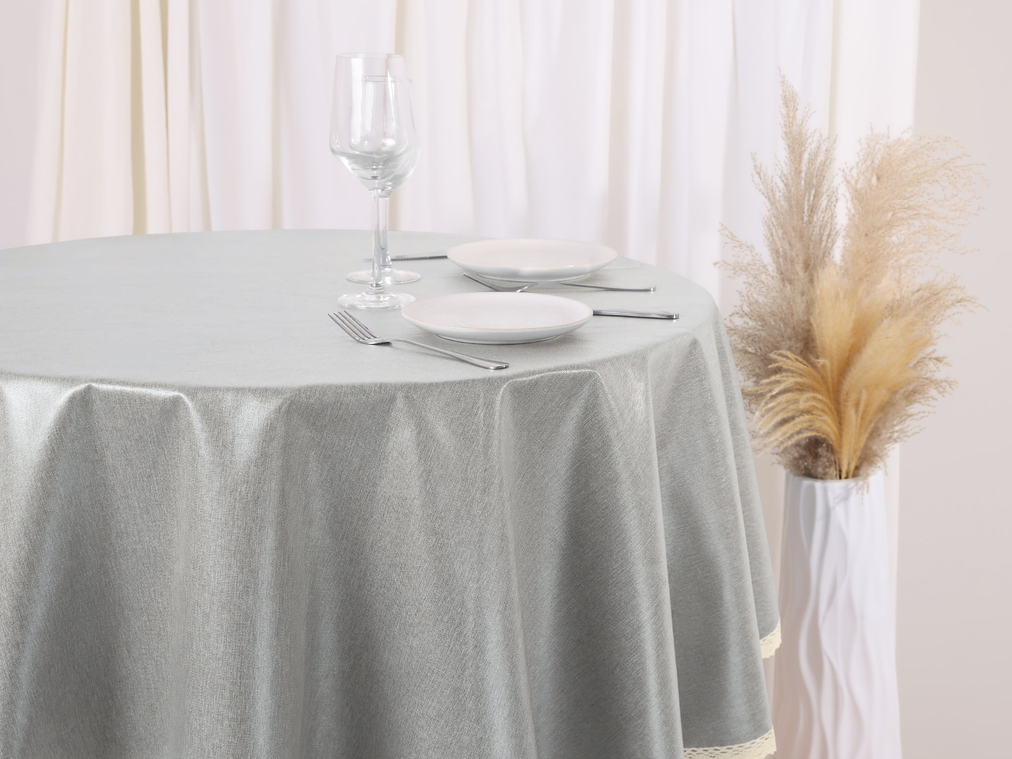 Unique Bargains Round Oil Proof Spill Proof Water Proof Lace TPU Kitchen Dining Tablecloth Grey 55 inch