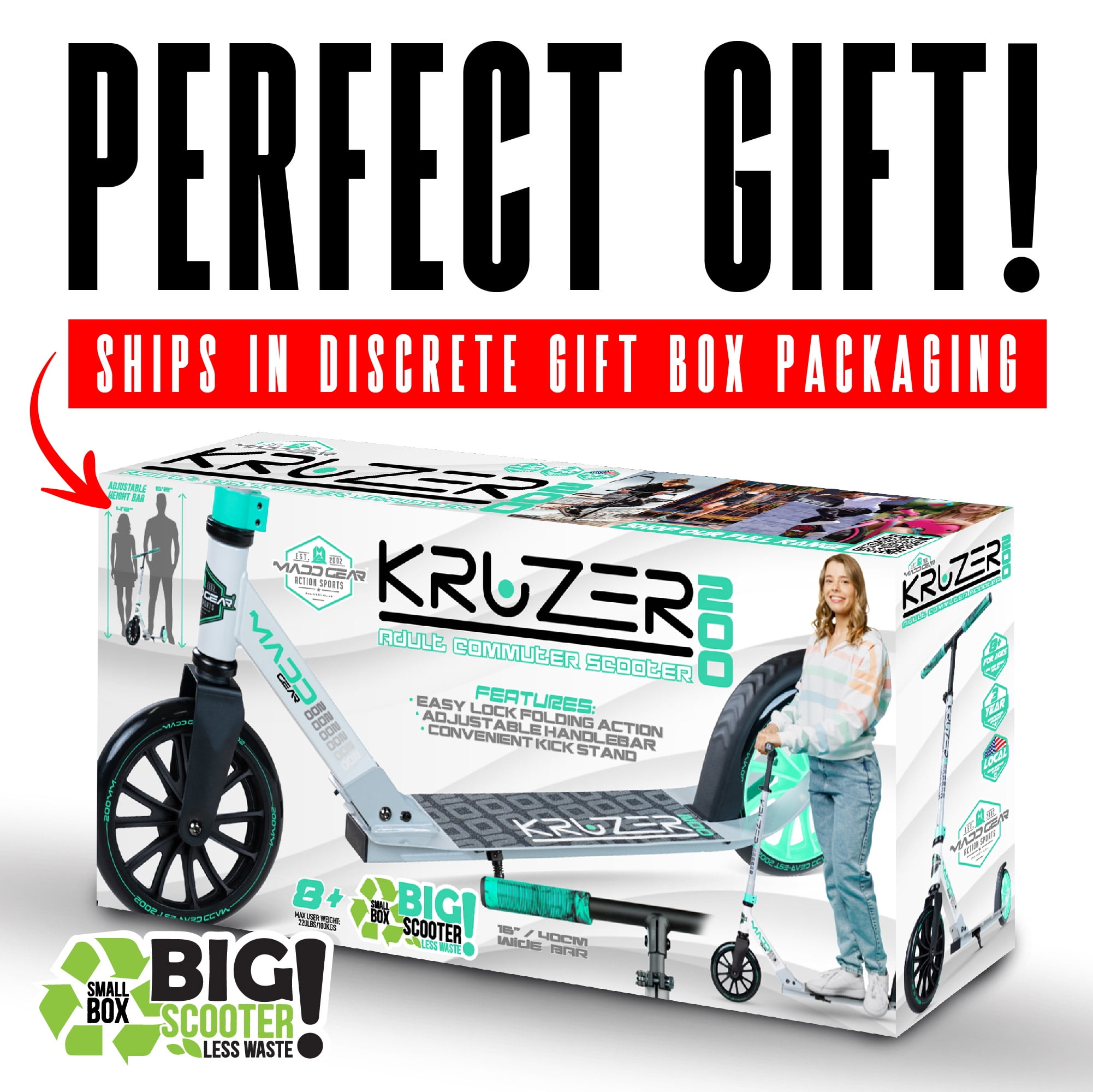Madd Gear Kruzer 200mm Commuter Scooter, Easy Folding, Teens & Adults Max Weight 220LBS