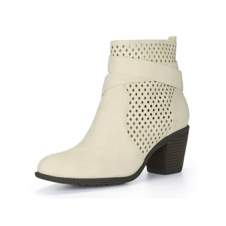 Cross Ankle Boot - Unique Bargains Women's Cross Straps Block Heel Perforated Ankle Boots