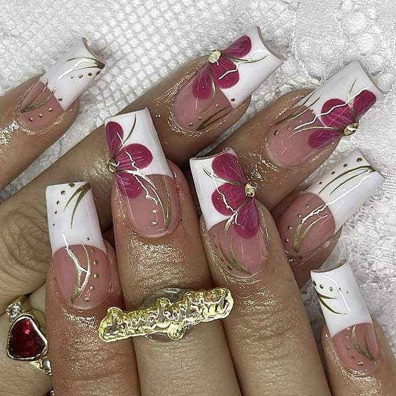 24PCS Press on Nails, Pink White Base with French Gold Lines & Rose Red Flowers, Detachable Reusable Fake Nails, Handmade Acrylic Nail Kit for Women Girls, Daily & Party Use