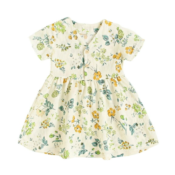 LIaqionyy Toddler Baby Girls Floral Cotton Dress Short Sleeve V Neck Summer Dress Kids Cute Print Sundress Princess Dress