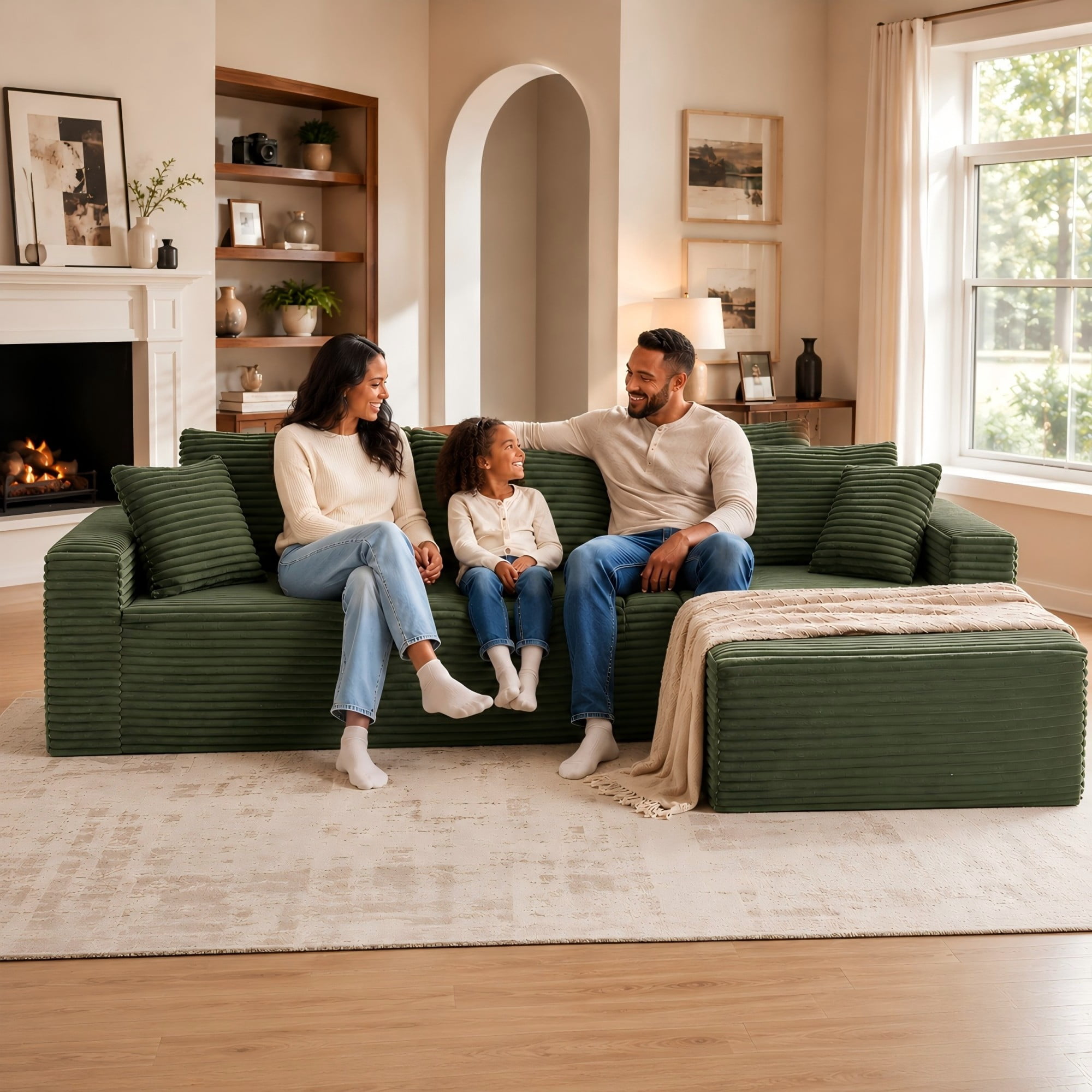 Aukfa 107" Cloud Modular Sectional Couch with Right-Facing Chaise, Corduroy Deep Seat Boneless Sofa for Living Room, Apartment, Green