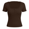 thumbnail image 3 of Women's Short Sleeve Lace Trim Tops 2026 Summer Ribbed Scoop Neck Button T Shirts Fitted Going Out Slim Y2K Fashion Clothes(Brown,L), 3 of 4
