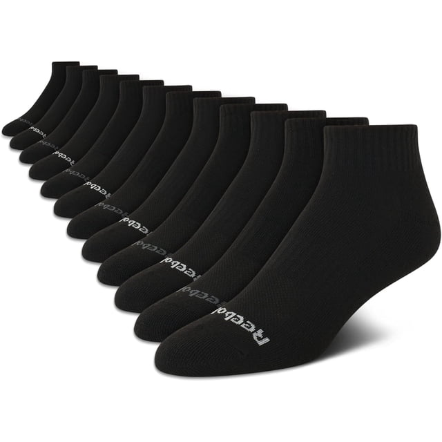 Pack de 12 pares de medias Reebok para hombre, corte quarter, con amortiguación, negras