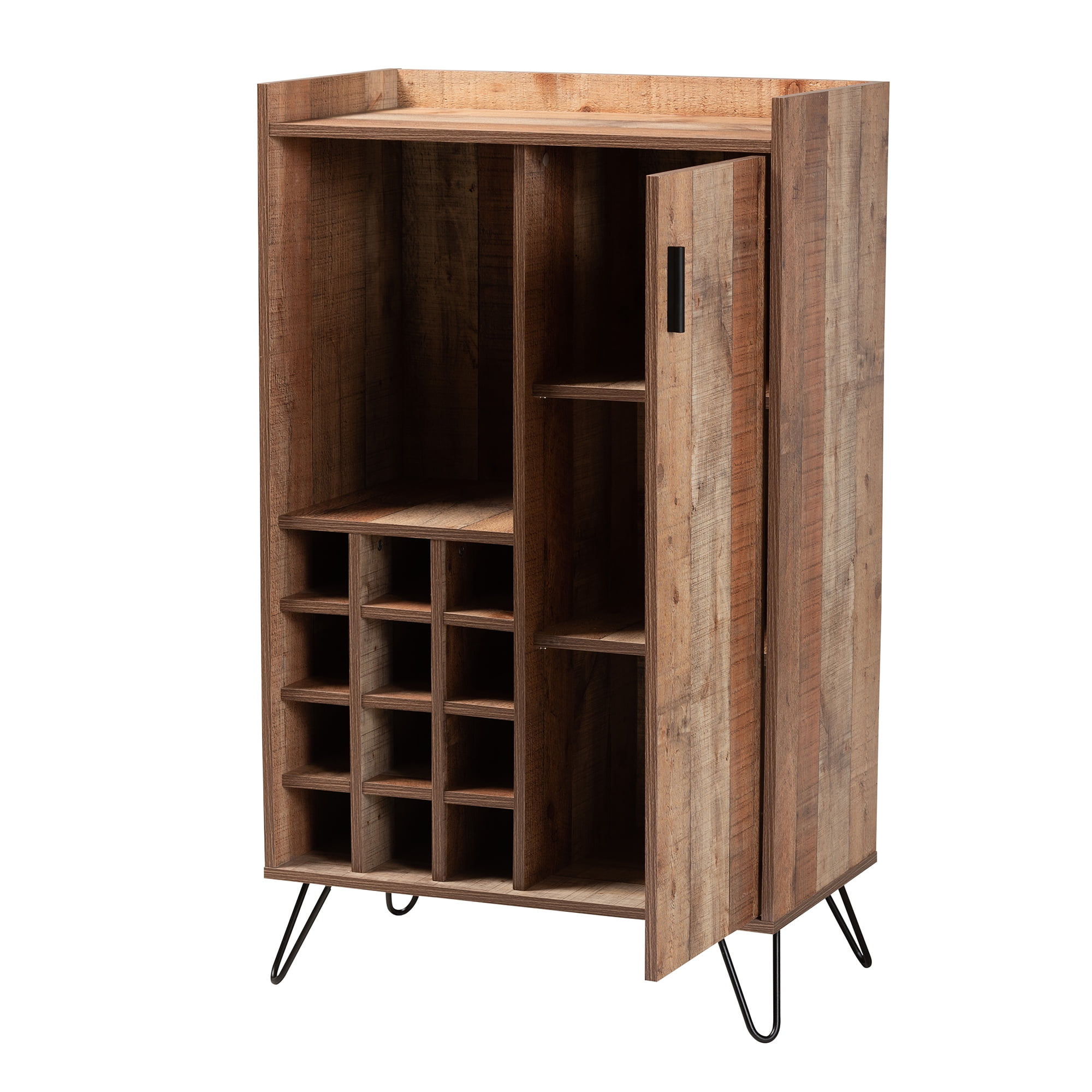 Baxton Studio Mathis Modern and Contemporary Rustic Brown Finished Wood and Black Finished Metal Wine Storage Cabinet