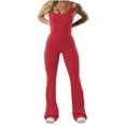 thumbnail image 2 of Tank Top Bodysuit for Women Summer Tight Flared Hem Long Pant Body Suit Slimming Pleated Cutout Back Bodycon Shapewear, Watermelon Red, XL, 2 of 6