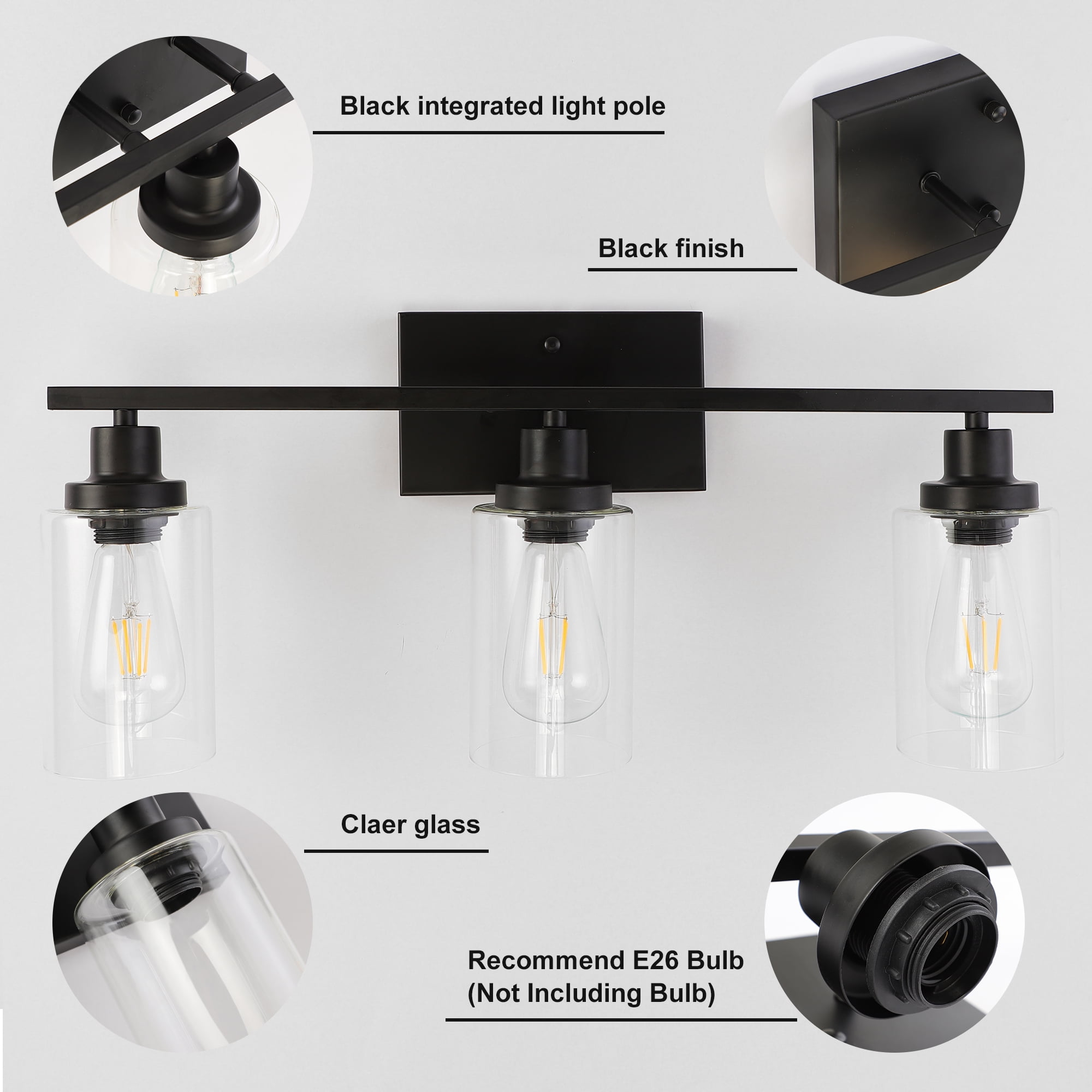 Eatich Modern Bathroom Light Fixtures, 3-Light Dimmable Black Vanity