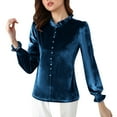thumbnail image 5 of Lenpel Velvet Tops for Women Vintage Mock Neck Ruffle Trim Long Sleeve Shirts Dressy Casual Velour Blouses(Blue,3X-Large), 5 of 7