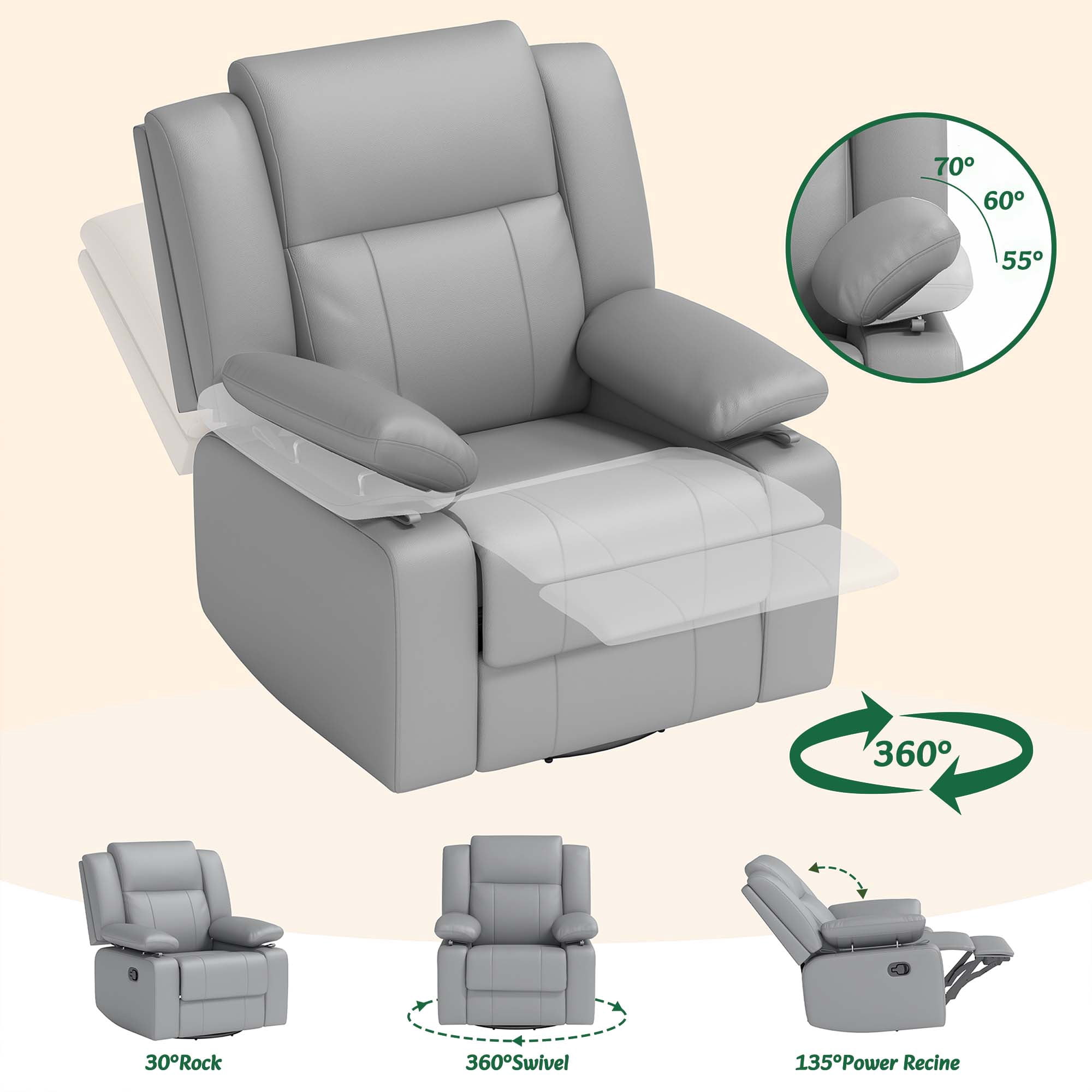 LAZZO Recliner Chair with Adjustable Armrest and Headrest, Upholstered Swivel Rocking Chair for Nursery & Living Room, Gray