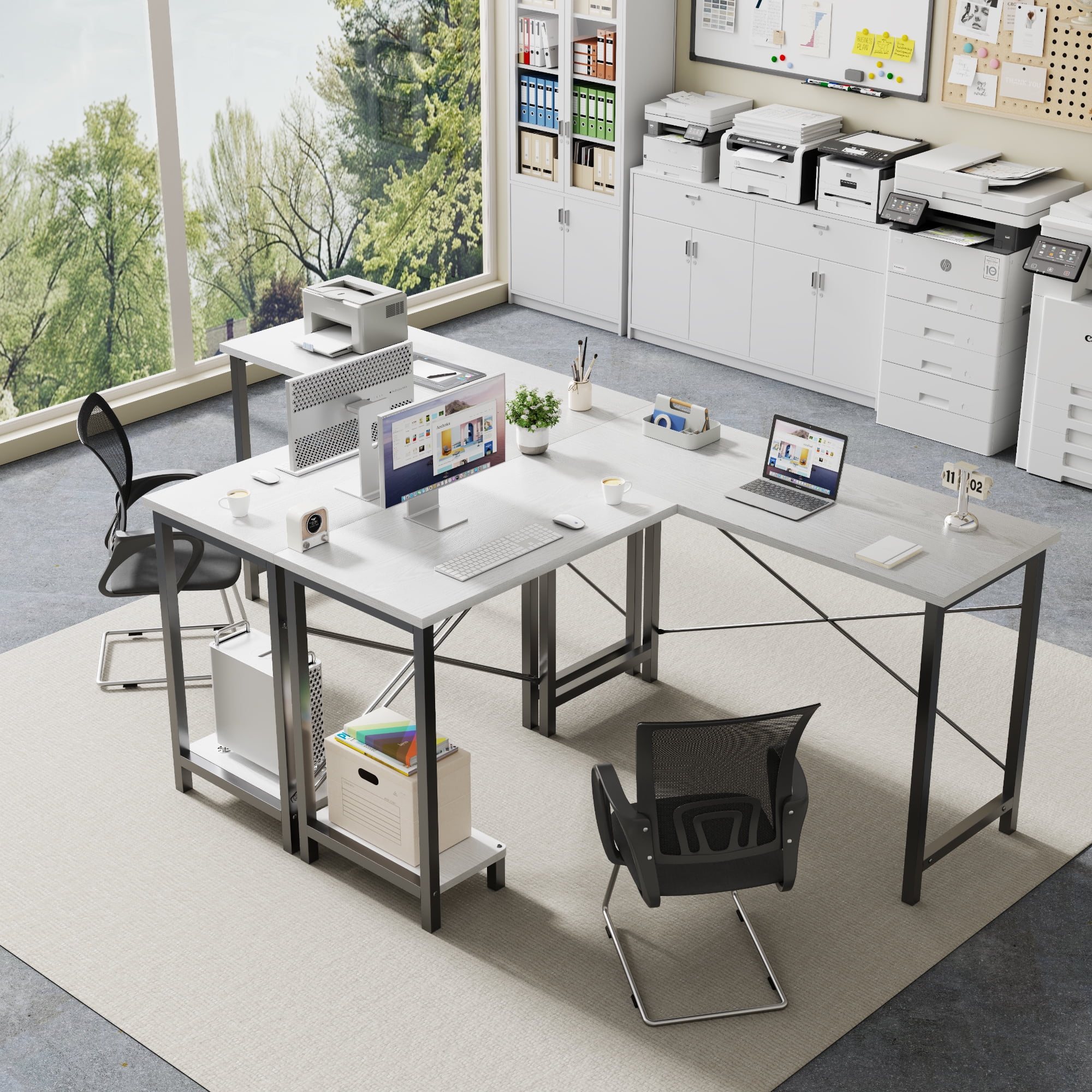 JIOABL 50" L-Shaped Corner Gaming Desk with Reversible CPU Stand, Waterproof Desktop & Metal Frame, White