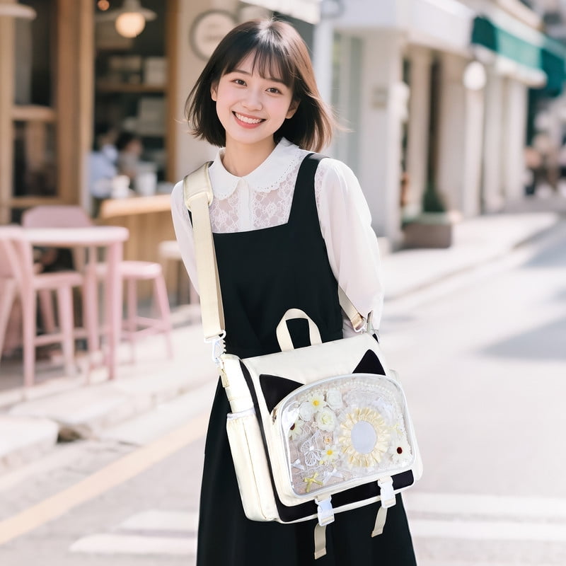 TINYAT Backpack for Women Cute Crossbody Bag DIY Kawaii Anime Y2K Cat Ita Bag for Shop Concert College White