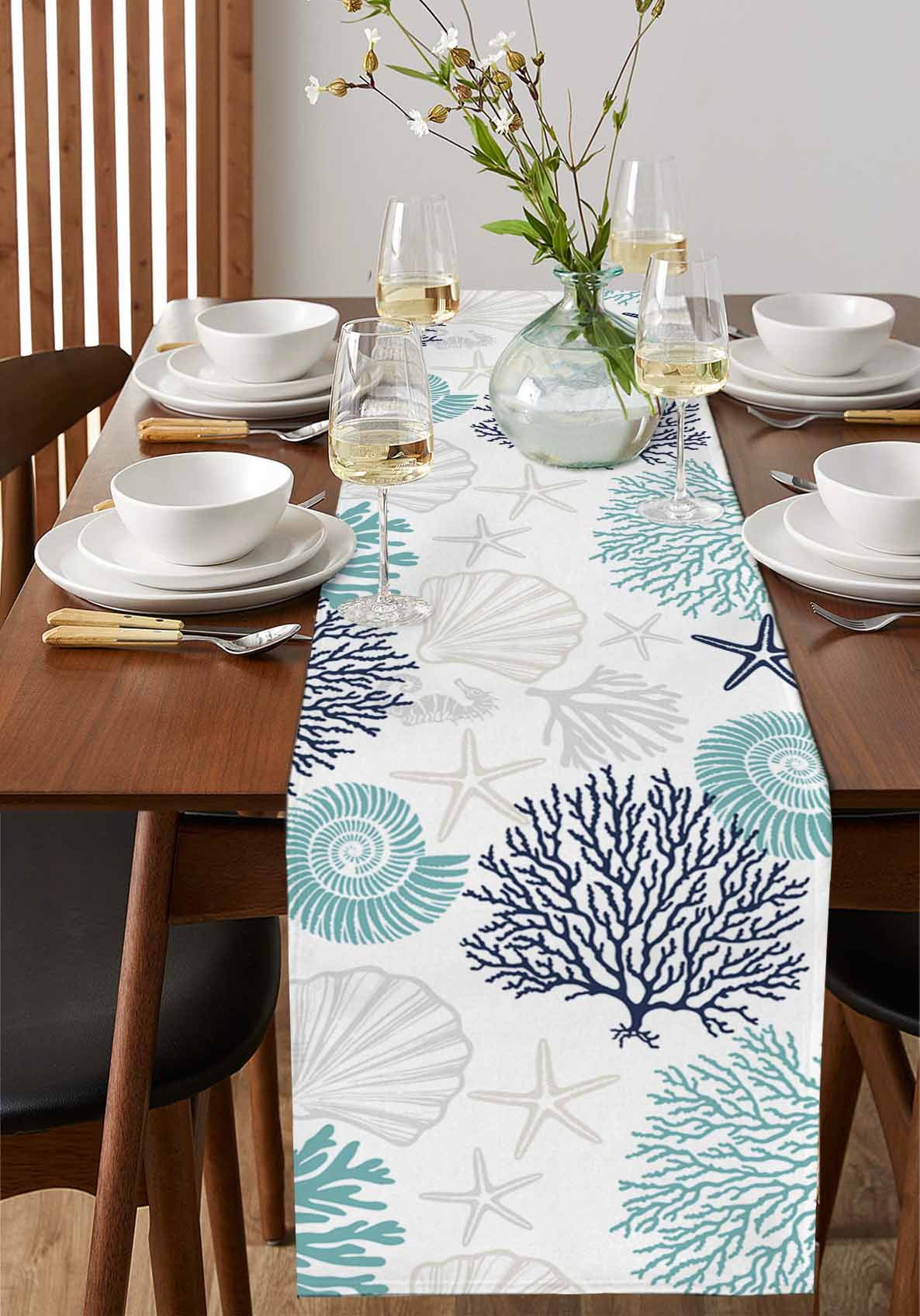 Coastal Table Runner Turquoise Blue Coral Starfish Shell Seahorse Tablerunners 14 x 72 Inch, Table Decorations Tabletop Scarf for Summer Gathering Holiday Farmhouse Kitchen Dining Decor
