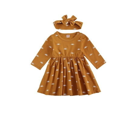 

0-24M Newborn Baby Girls Princess Dress Sunflowers Print Long Sleeve A-Line Mini Dresses Headband