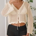 thumbnail image 2 of Oksale Women Crochet Cardigan Hollow Out Bell Sleeved Cropped Cover Up Cozy Long Sleeve Summer Cardigans for Holiday Beige Free Size, 2 of 7